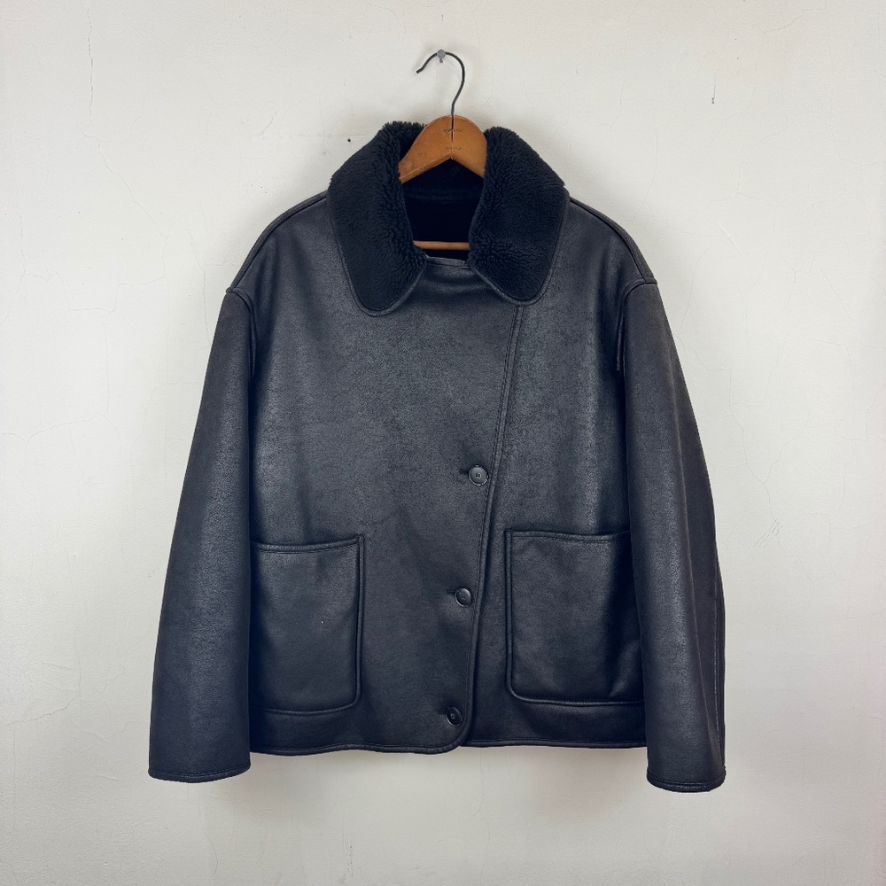 Black Shearling Collar Leather Jacket - Unbranded